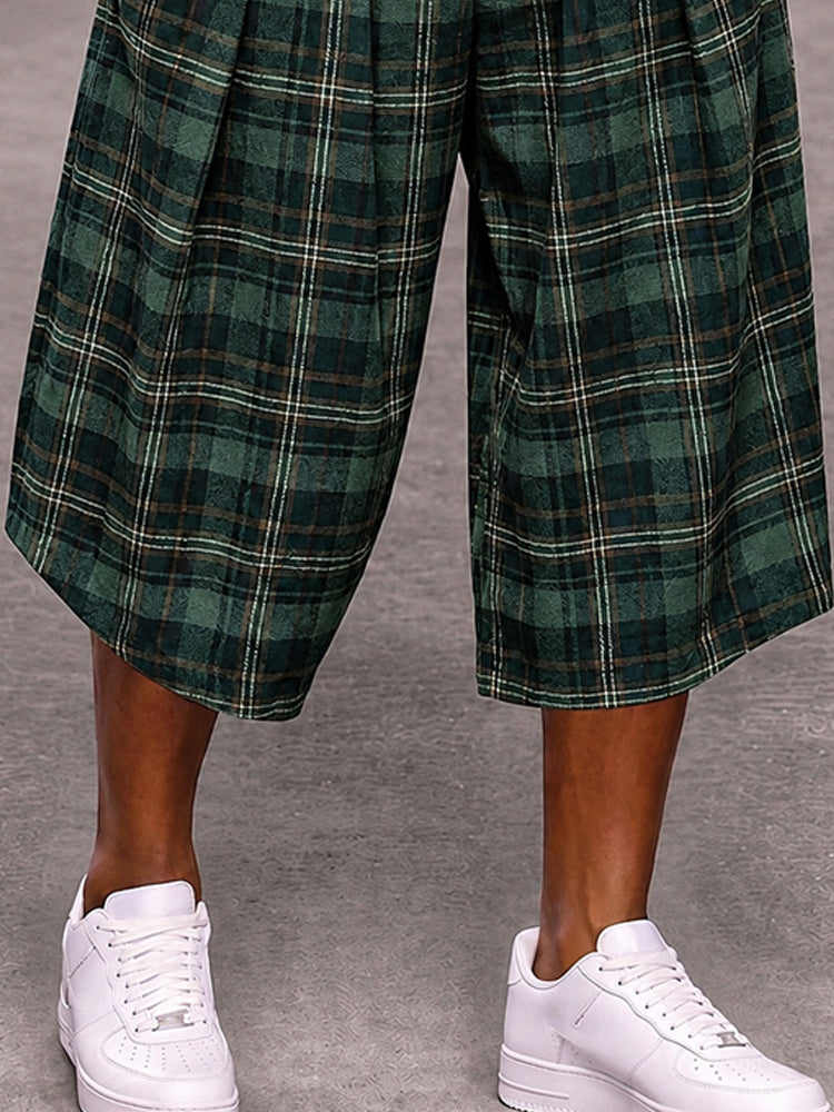 Fashion Plaided Wide Leg Cropped Pants Shorts