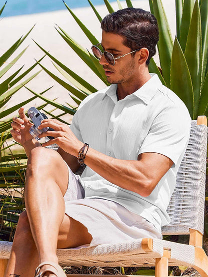 Casual Textured Summer Short Sleeve Beach Shirt (US Only)