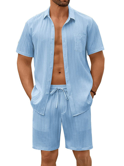 Casual Textured Shirt Shorts Vacation Set (US Only)