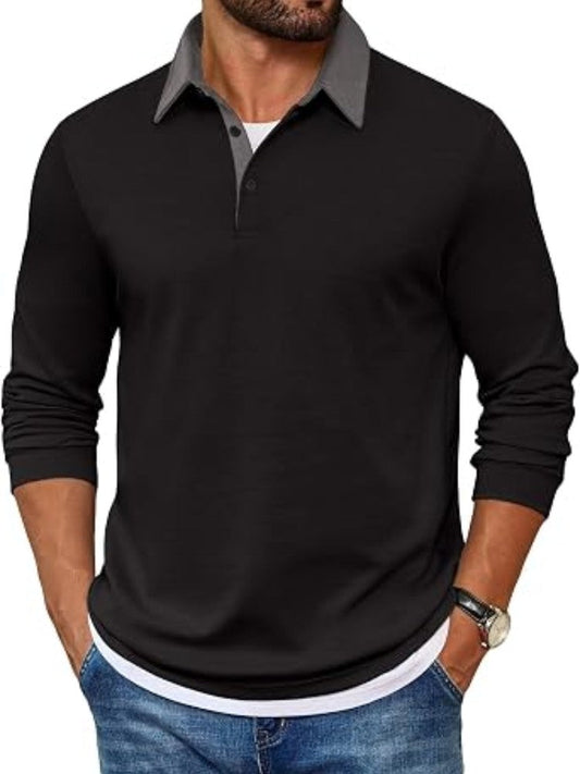 Contrast Collar Long Sleeve Polo Pullover Shirt (US Only)