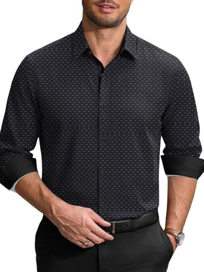 Printed Contrast Collar Long Sleeve Button Down Dress Shirt (US Only)