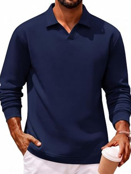 Fleece-Lined Cotton Blend V-Neck Long Sleeve Polo Shirt (US Only)