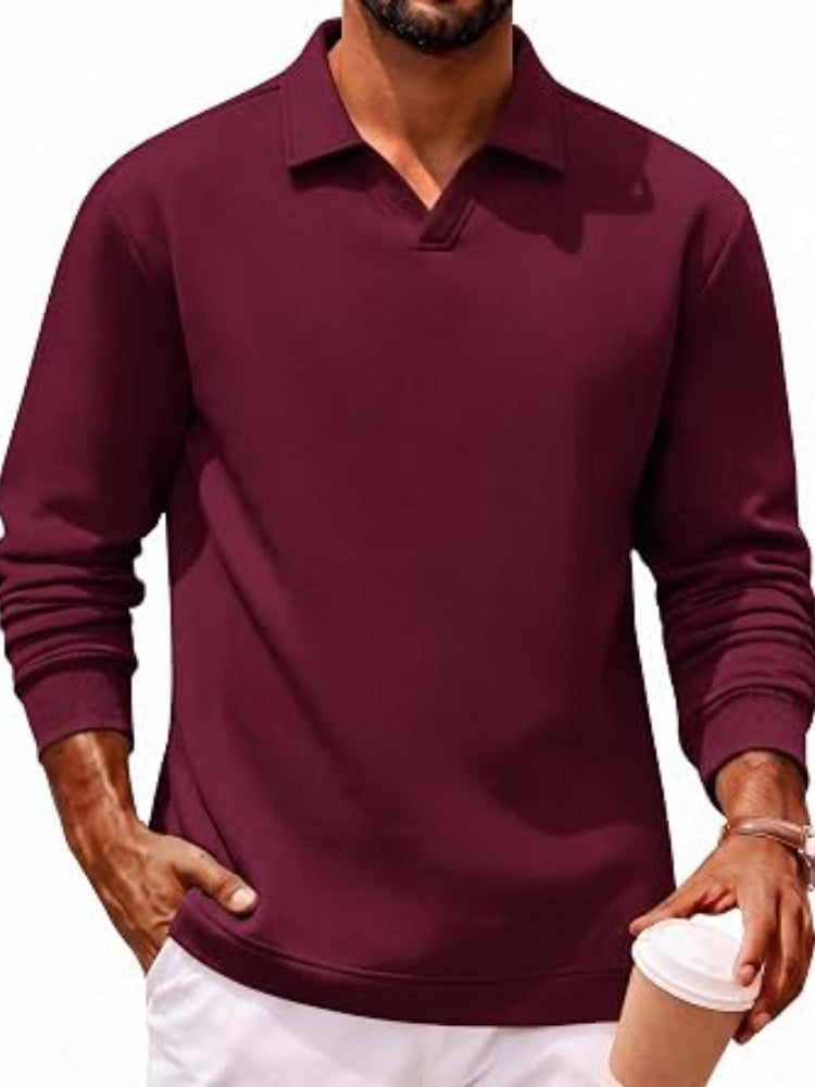 Fleece-Lined Cotton Blend V-Neck Long Sleeve Polo Shirt (US Only)