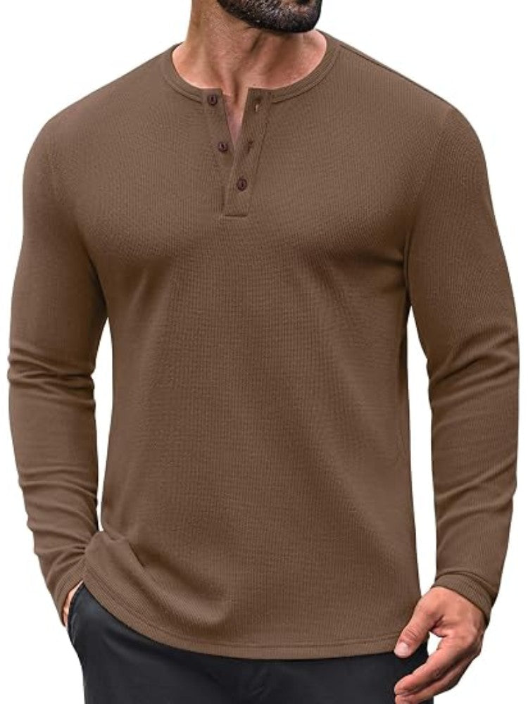 Waffle Knit Henley Long Sleeve Casual Pullover Shirt (US Only)