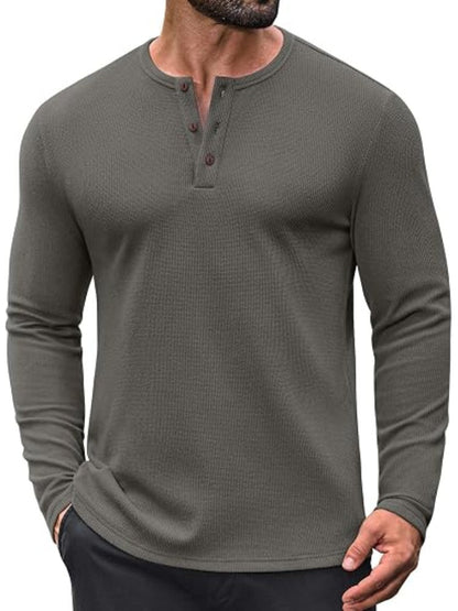 Waffle Knit Henley Long Sleeve Casual Pullover Shirt (US Only)