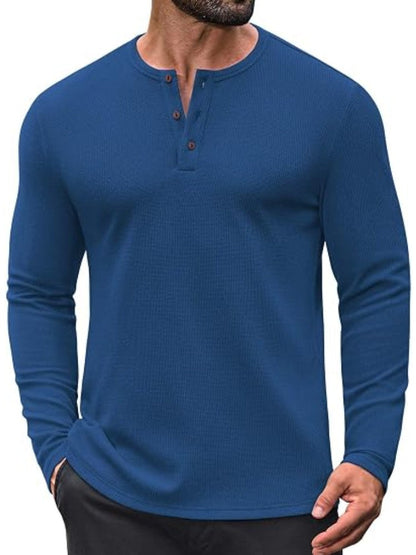 Waffle Knit Henley Long Sleeve Casual Pullover Shirt (US Only)