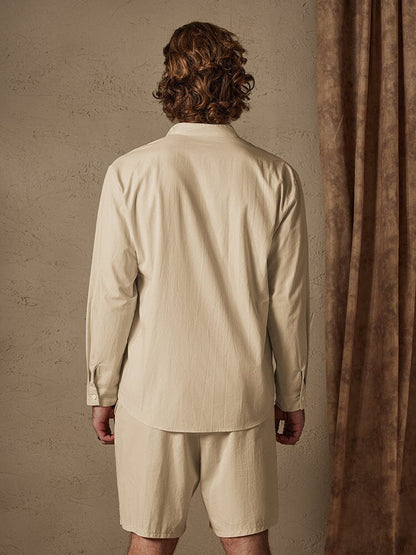 Casual Solid Color Cotton Linen Beach Shirt Set