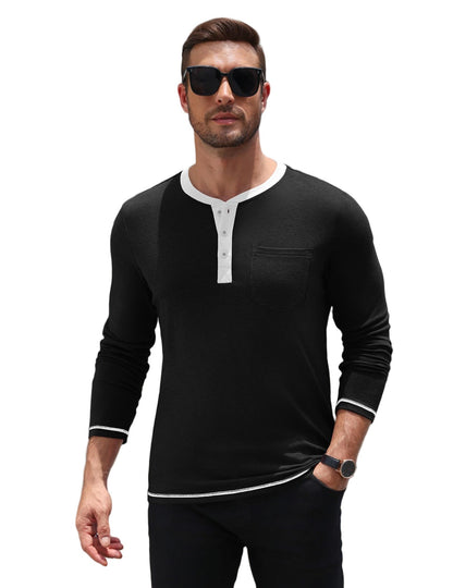Long Sleeve Contrast Henley Shirt with Pocket (US Only)