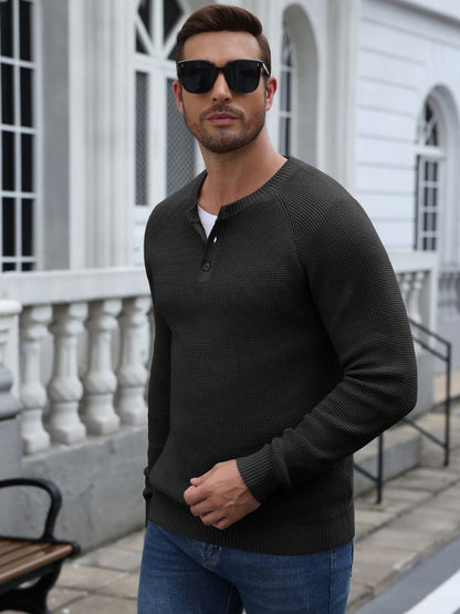 Raglan Sleeve Henley Waffle Knit Pullover Sweater (US Only)