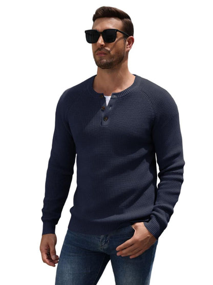 Raglan Sleeve Henley Waffle Knit Pullover Sweater (US Only)