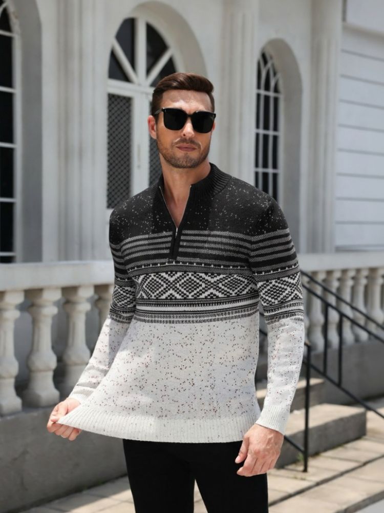Quarter Zip Fair Isle Pattern Knit Pullover Sweater (US Only)