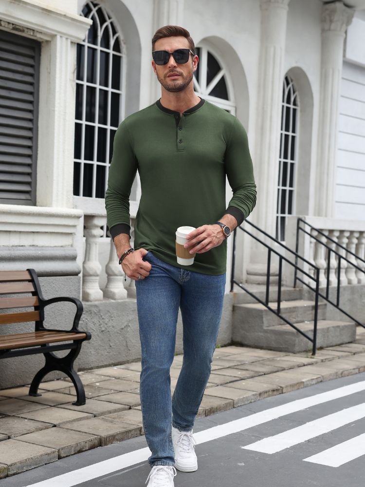 Casual Modern Contrast Henley Long Sleeve Shirt (US Only)