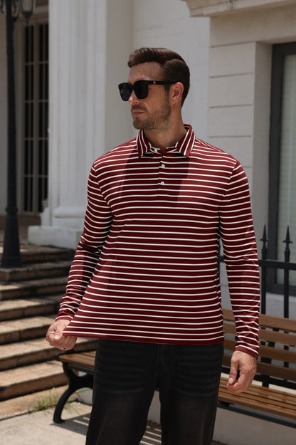 Striped Moisture Wicking Long Sleeve Rugby Polo Shirt (US Only)