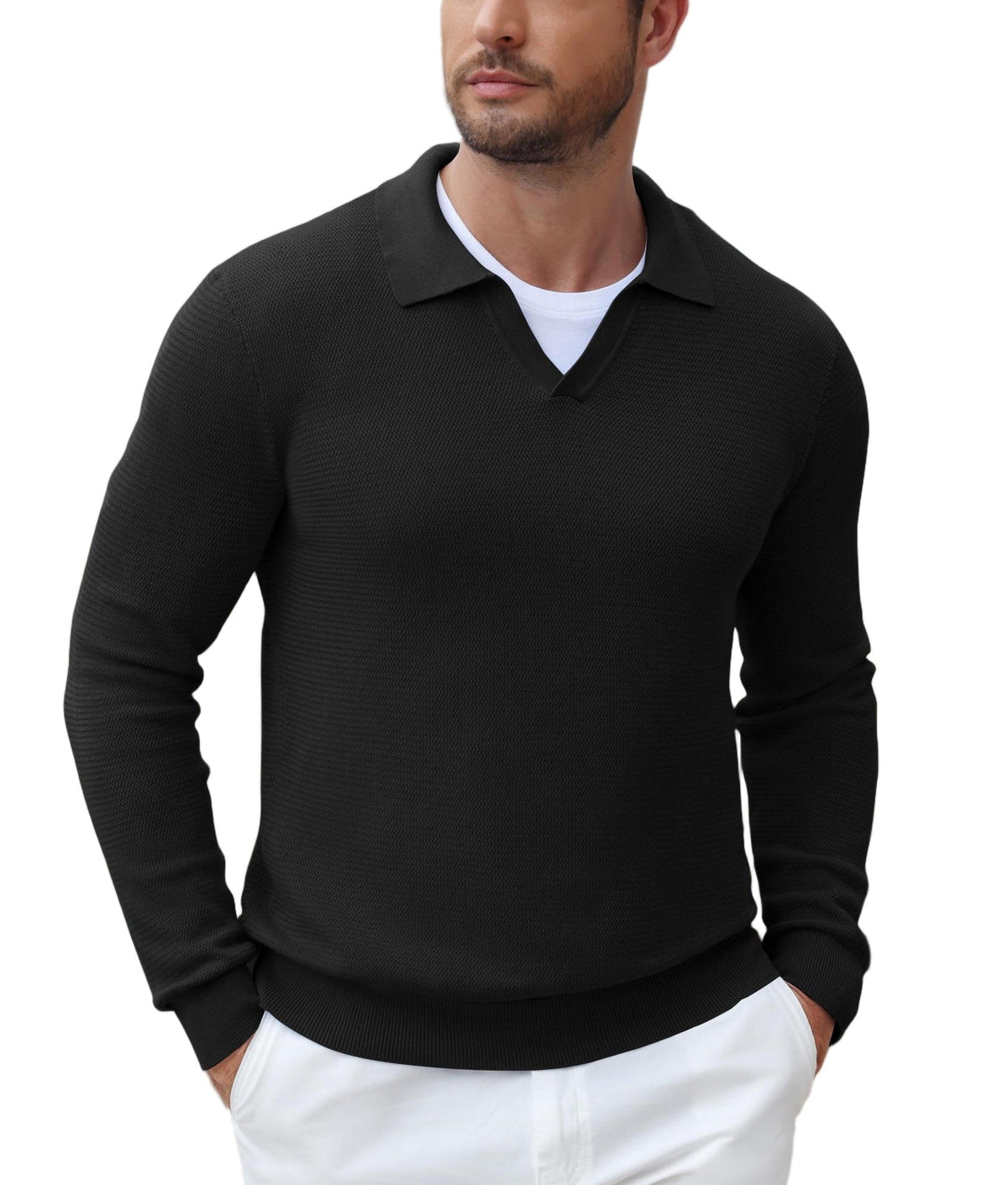 Textured V-Neck Long Sleeve Knit Polo Sweater (US Only)