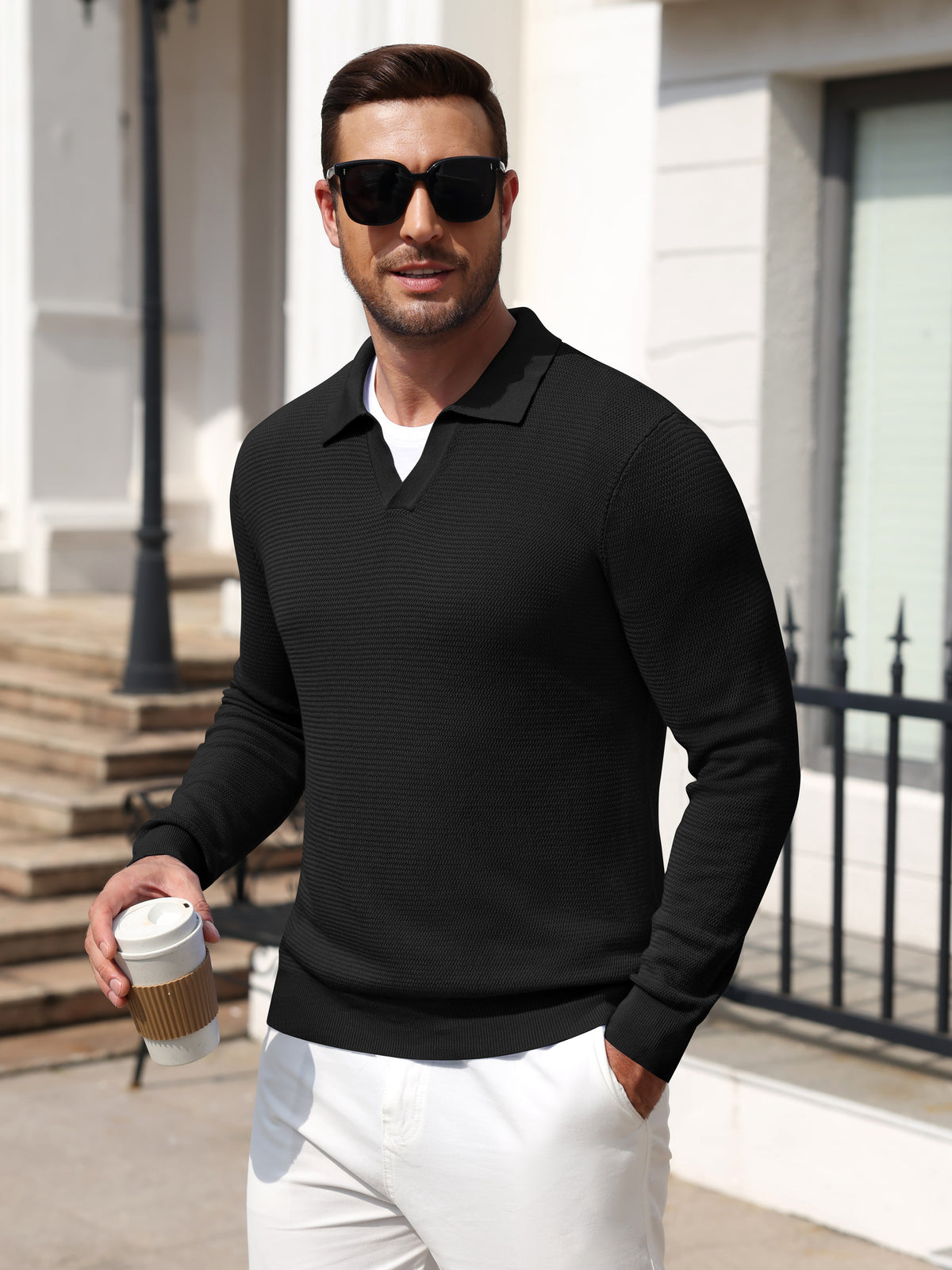 Textured V-Neck Long Sleeve Knit Polo Sweater (US Only)