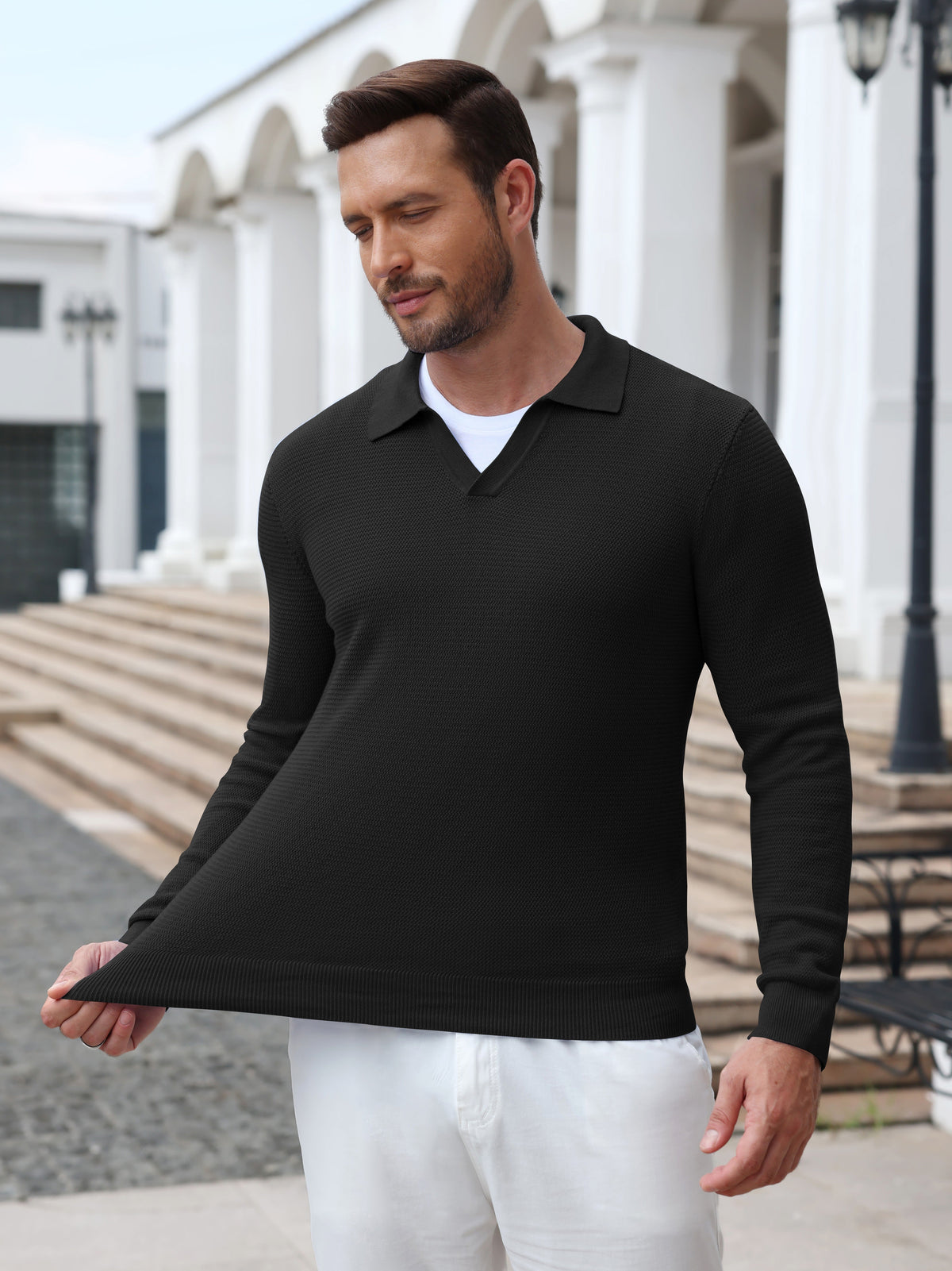 Textured V-Neck Long Sleeve Knit Polo Sweater (US Only)