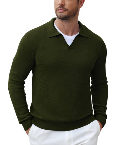 Textured V-Neck Long Sleeve Knit Polo Sweater (US Only)