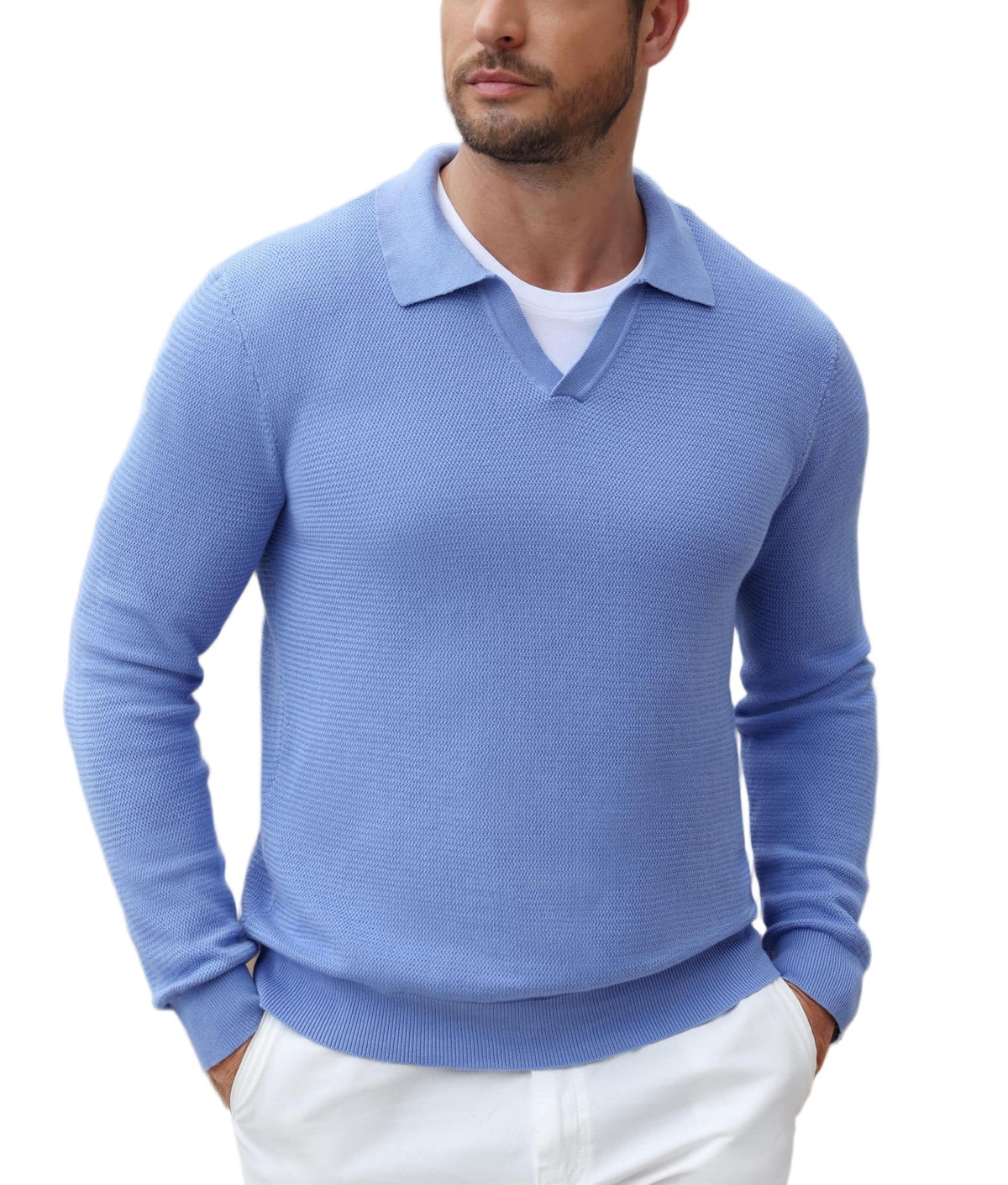Textured V-Neck Long Sleeve Knit Polo Sweater (US Only)