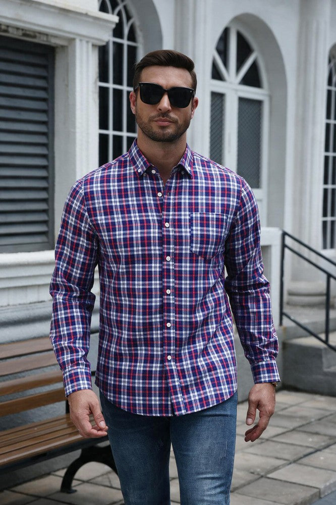 Cotton Blend Plaid Button Down Long Sleeve Shirt (US Only)