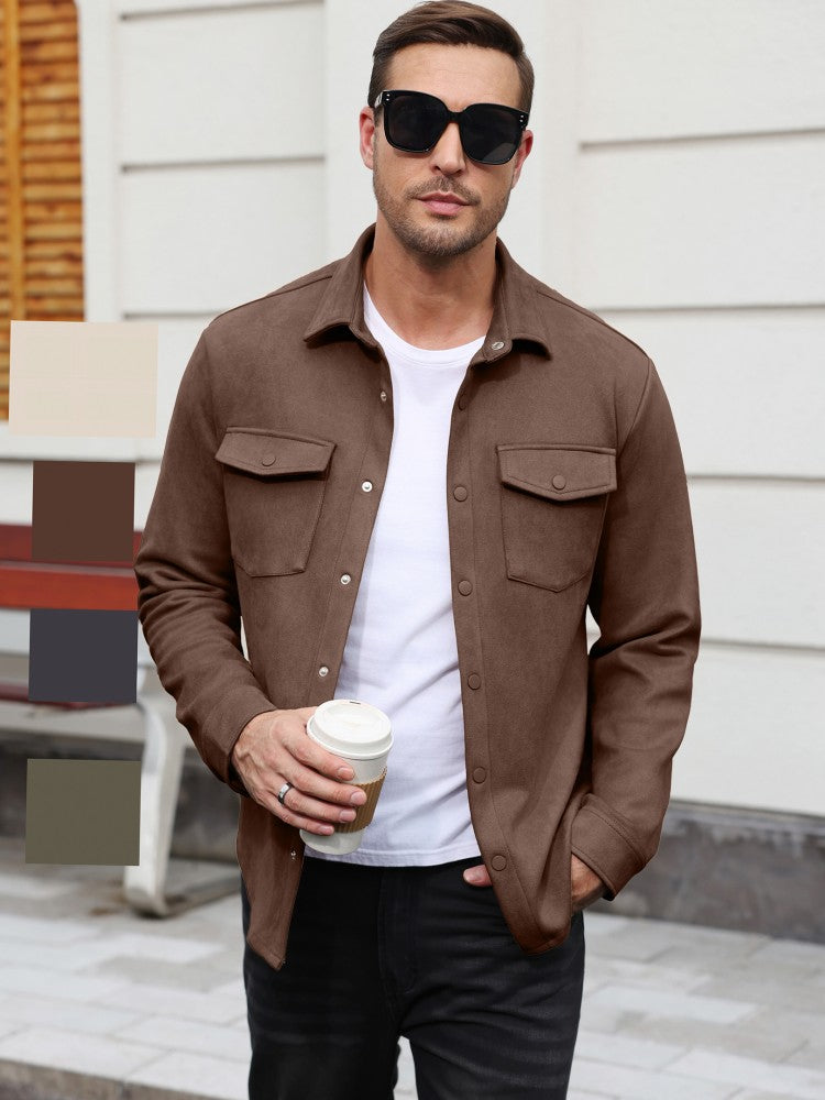 Faux Suede Button Down Shirt Jacket with Chest Pockets (US Only)