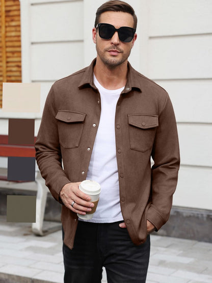Faux Suede Button Down Shirt Jacket with Chest Pockets (US Only)