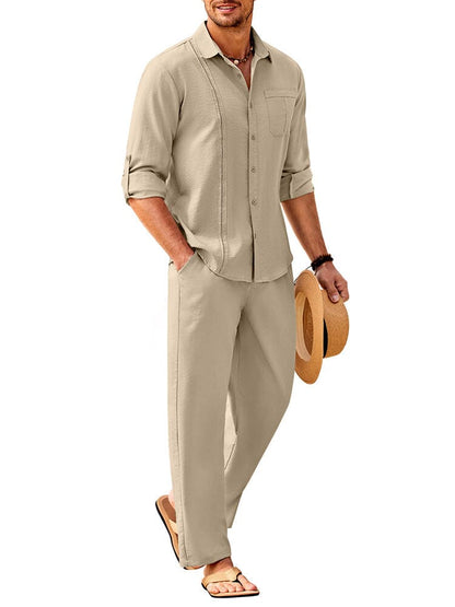 Casual Vacation Style Long Sleeve Shirt Pants Set