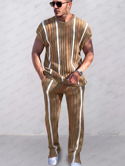 Trendy Stripes Openwork Knit Set