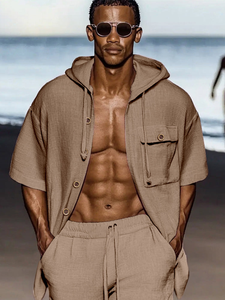 Timeless Comfort Hooded Shirt Shorts Set