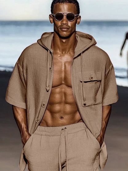 Timeless Comfort Hooded Shirt Shorts Set