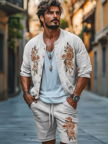 Casual Embroidered Cotton Shirt Set