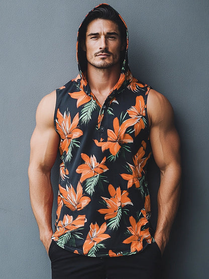 Tropical Floral Print Hooded Tank Top
