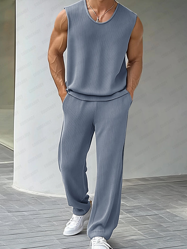 Casual Pit-stripe Tank Top Pants Set