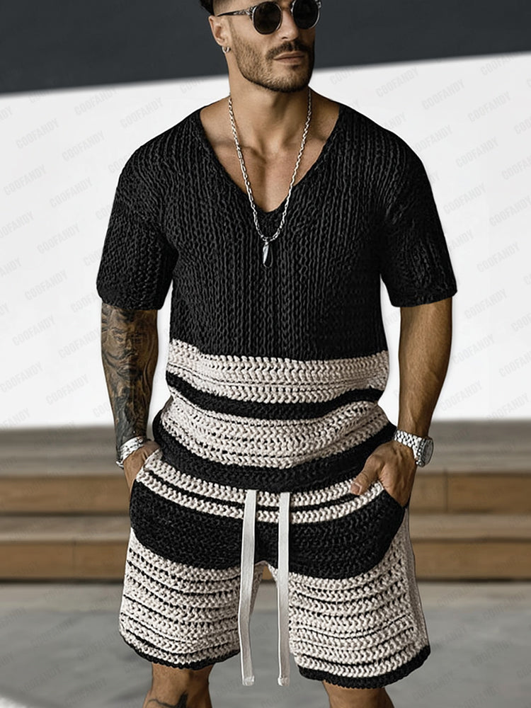 Casual Colorblock Stripe Crochet Knit Matching Set