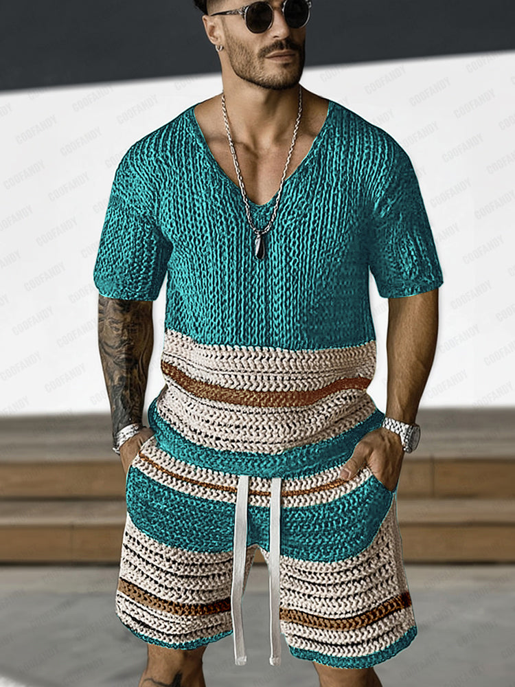 Casual Colorblock Stripe Crochet Knit Matching Set