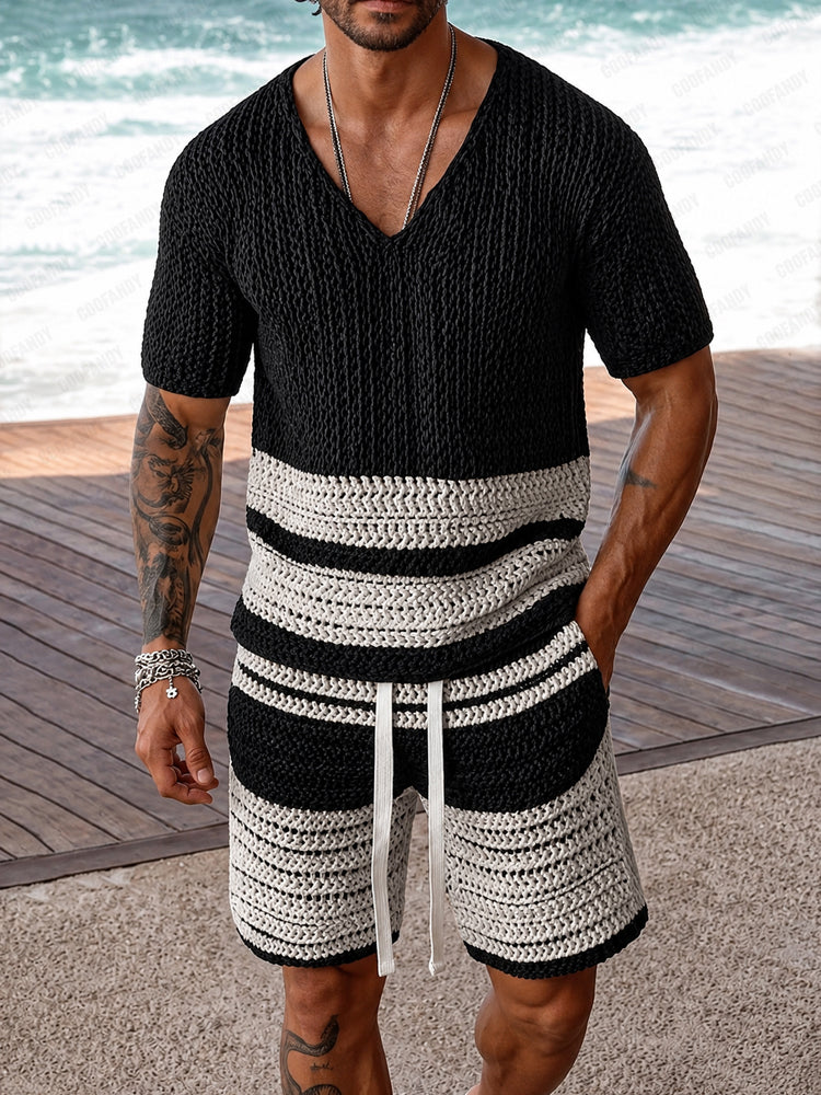 Casual Colorblock Stripe Crochet Knit Matching Set