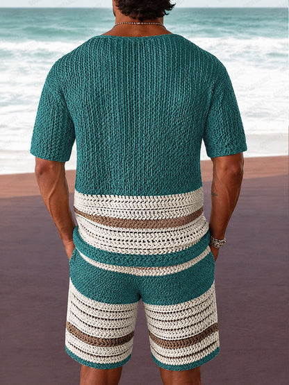 Casual Colorblock Stripe Crochet Knit Matching Set