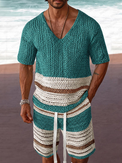 Casual Colorblock Stripe Crochet Knit Matching Set