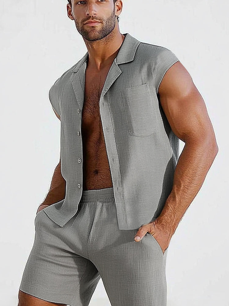 Breathable Textured Shirt Shorts Set