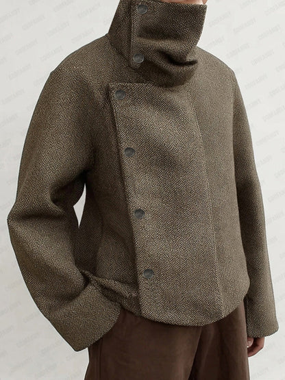 Retro Style Turtleneck Herringbone Jacket