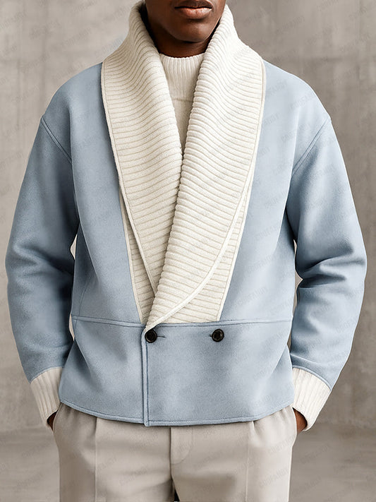 Two-Tone Ribbed Knit Patchwork Suede Coat
