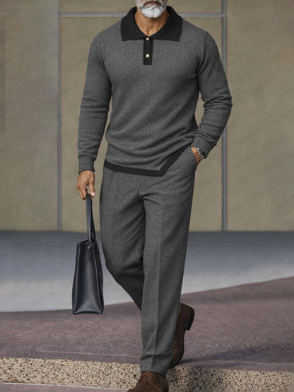 Versatile Asymmetric Hem Polo Shirt Pants Set