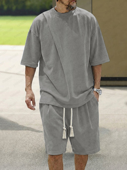 Casual Loose Fit Front Pleat T-Shirt Set