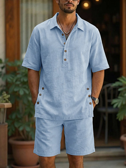 Casual Summer Button Design Cotton Shirt Set