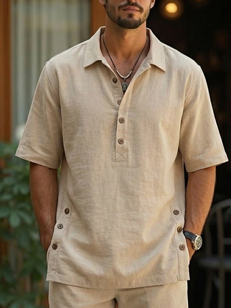 Casual Summer Button Design Cotton Shirt Set
