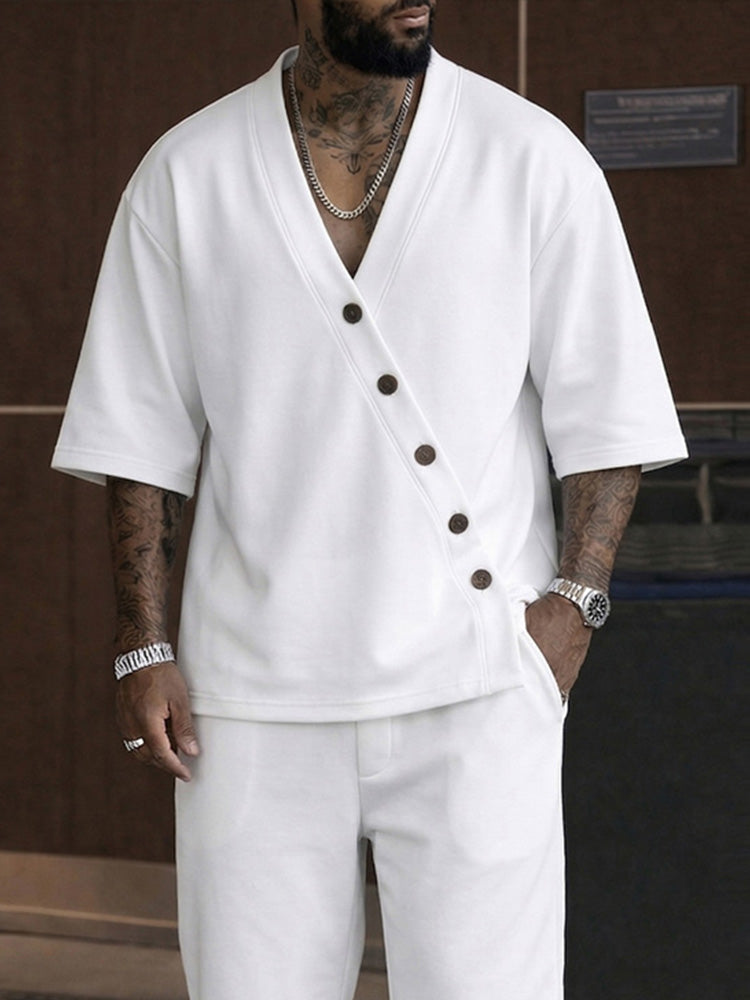Casual Slant Button Accent T-Shirt Shorts Set