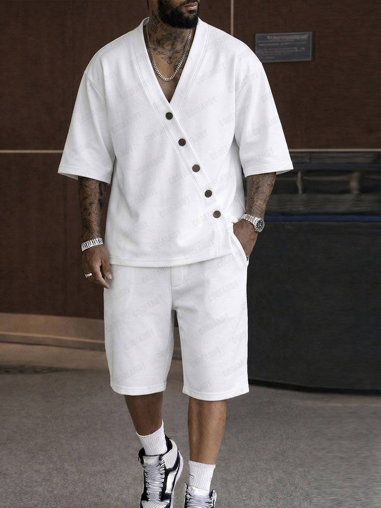 Casual Slant Button Accent T-Shirt Shorts Set