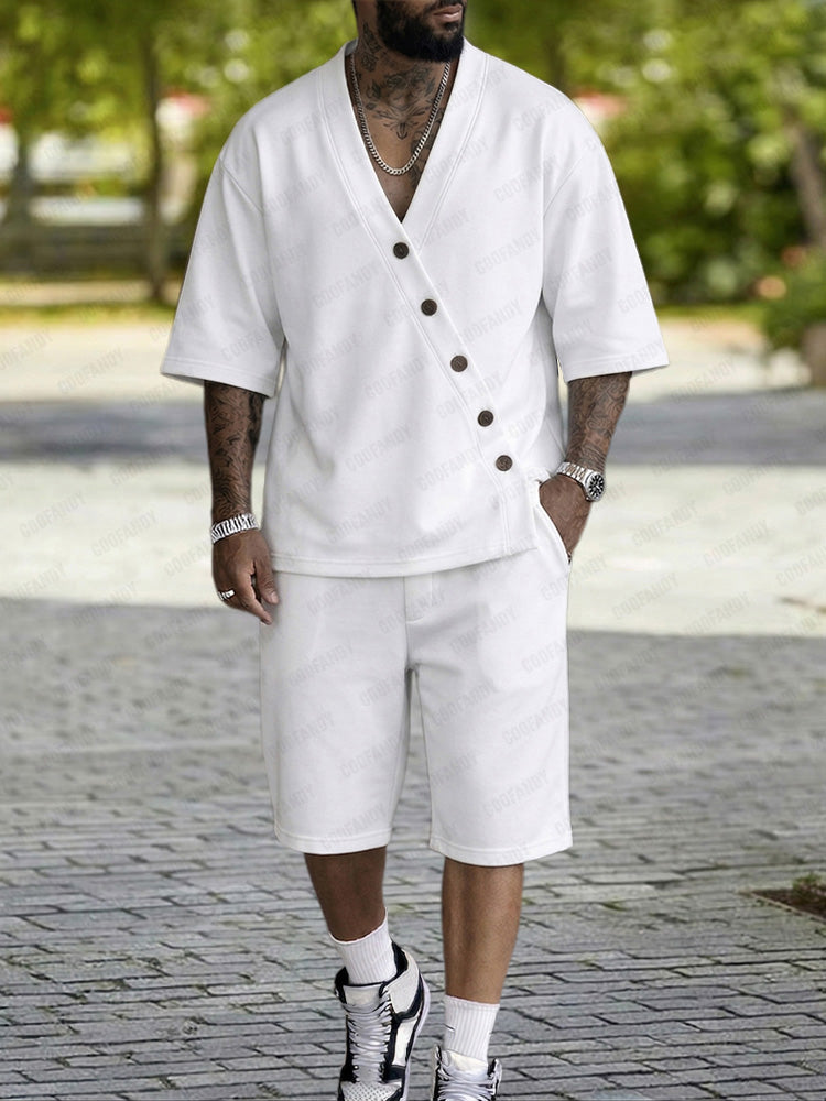 Casual Slant Button Accent T-Shirt Shorts Set
