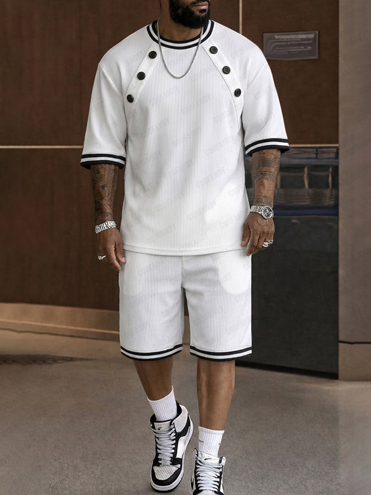 Athleisure Button Detail Ribbed Texture Shorts Set