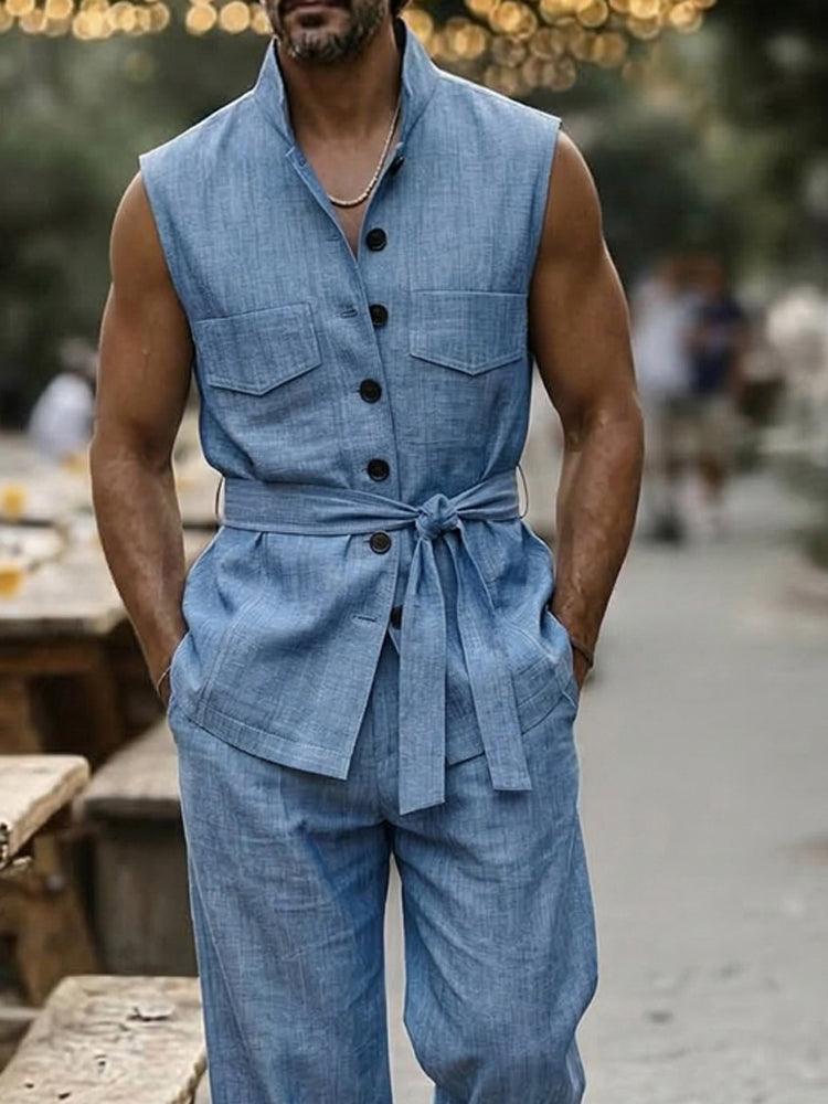 Designer Sleeveless Shirt Pants Matching Set