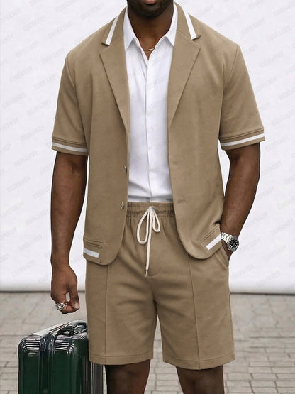 Summer Casual Short Sleeve Suit Jacket and Shorts Set